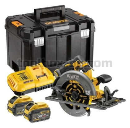 Акумулаторен Ръчен Циркуляр Dewalt DCS579X2, 190 мм, 54 V, с 2 Батерии XR FLEXVOLT, Зарядно Устройство и Куфар + Релса за Циркуляр на Dewalt DWS5022 1.5 м