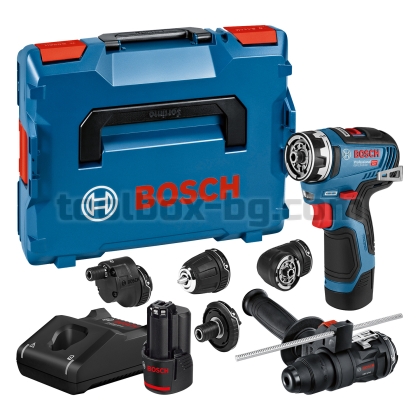 Акумулаторен винтоверт Bosch GSR 12V-35 FC с 2 x 3.0 Ah батерии + Приставка FlexiClick GFA 12-H + зарядно устройство + 4 приставки в Куфар L-BOXX