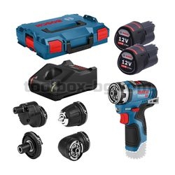 Акумулаторен винтоверт Bosch GSR 12V-35 FC с 2 x 3.0 Ah батерии + Приставка FlexiClick GFA 12-H + зарядно устройство + 4 приставки в Куфар L-BOXX